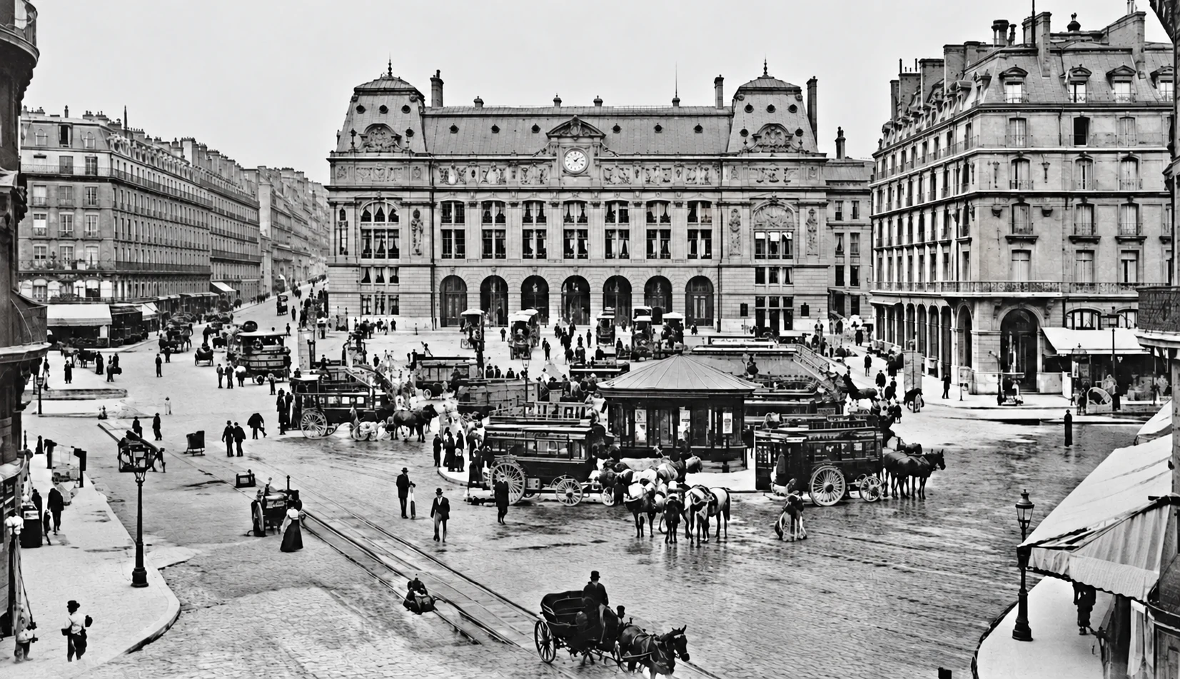 La stazione Saint-Lazare verso il 1900, con omnibus e carrozze davanti alla facciata